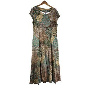 Maxi Dress in Burnished Polyester XL Fitted Body Flowing Skirt Floral Paisley